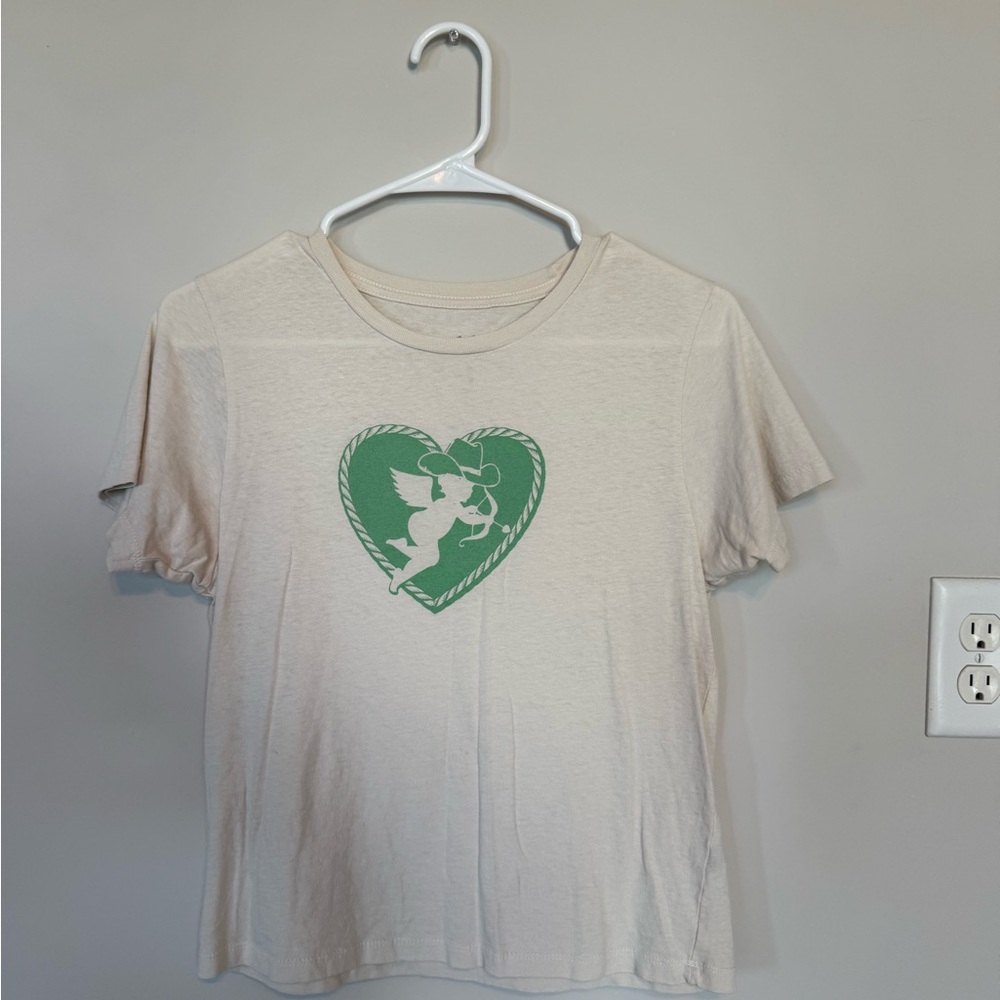 Cream T-Shirt with Green Heart Design